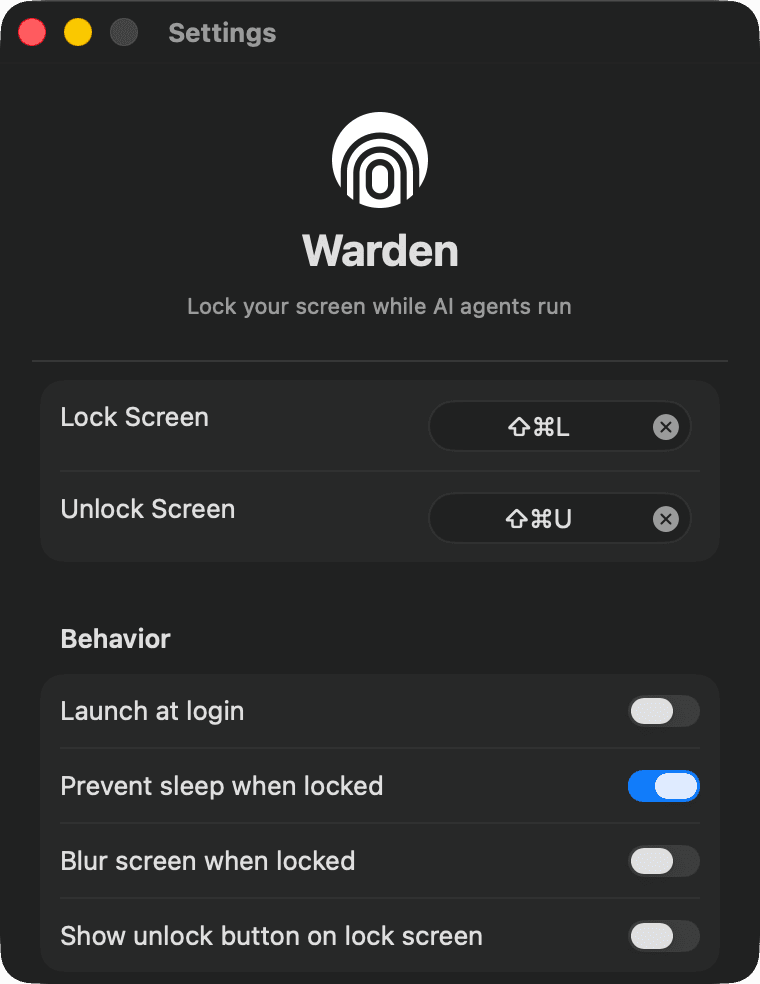 Warden settings window showing keyboard shortcuts, sleep prevention, and screen blur options
